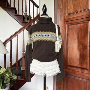 Aeropostale Vintage Green Grey Yellow Turtleneck Sweater Winter Snowflakes